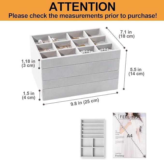 ProCase Stackable Jewelry Organizer Trays for Drawers, Jewelry Drawer Inserts Container Display Case Storage for Earring Necklace Ring Bracelet Sunglasses Glass -Grey, 4 Layers