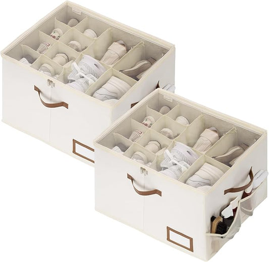 Shoe Organizer for Closet, 2 Pack Shoe Storage Boxes with Clear Lid, Beige
