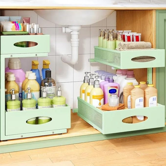 Under Sink Organizer, 1-Pack Pull Out Cabinet Organizer 2 Tier Metal Slide Out Storage Shelf Rack, L-Shaped Adjustable Height,Mesh Sliding Drawer for Kitchen, Bathroom, Laundry, Pantry, Green, XL