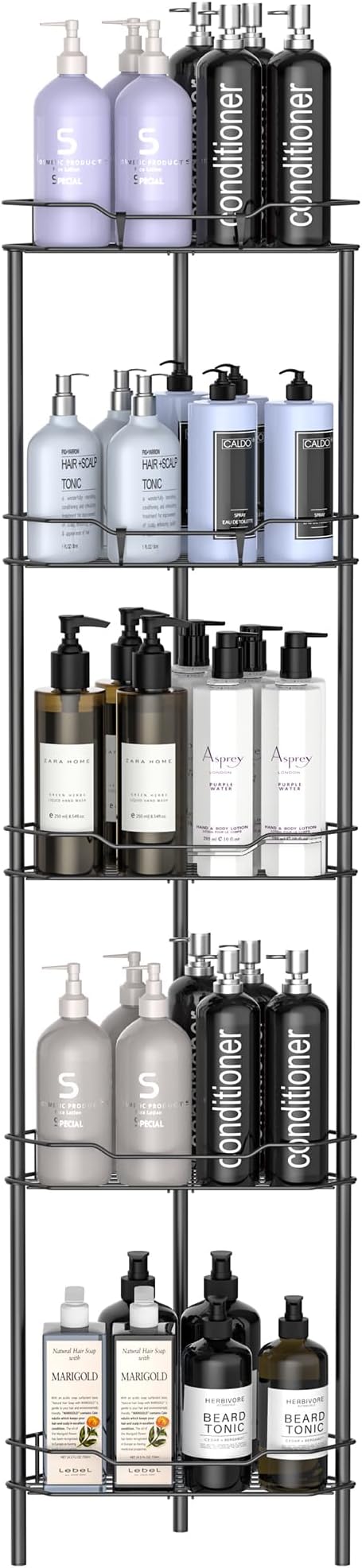 5 Tier Floor Standing Corner Shower Caddy Organizer Shelf with Hooks, Matt Black