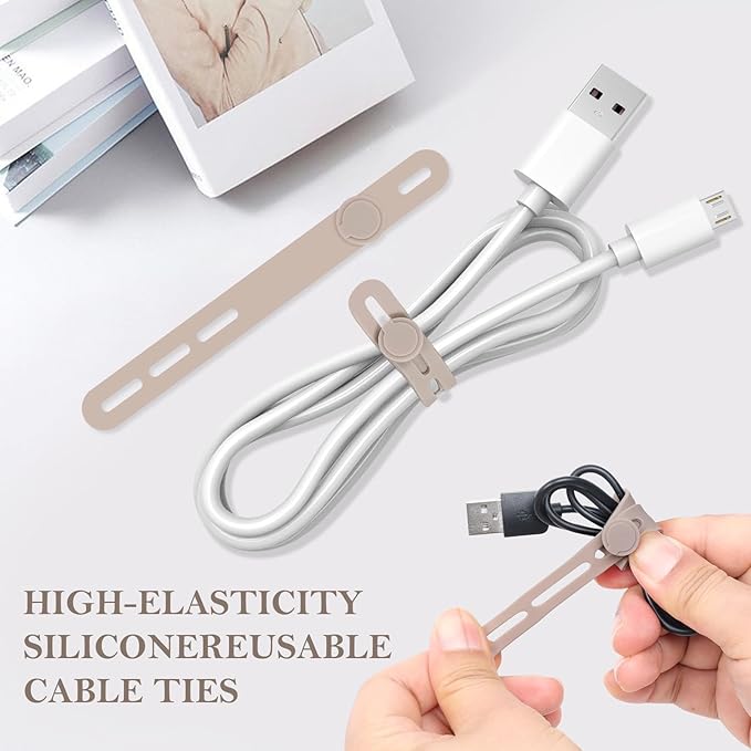 Donruby 30Pcs Silicone Cable Ties - Reusable & Washable with Adjustable Locking Buckles, High Elasticity Cable Management Straps for Home, Office, School, Travel Essential Cord Organizer (Khaki)