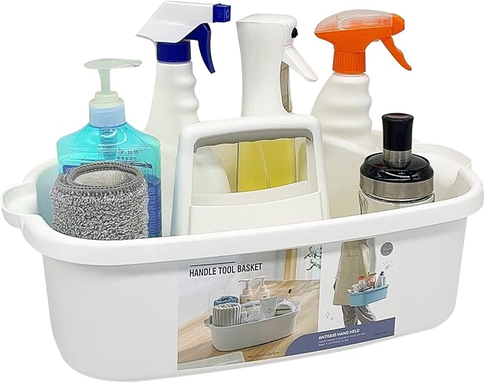 Goderewild Multi-Purpose Plastic Cleaning Caddy with Handle, Shower Caddy Organizer/Storage Basket/Totes Portable for Bathroom Supplies, Cleaning Products, Under Sink Tool, Housekeepers (White)