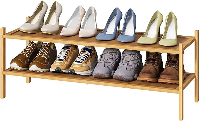 kiplant Long Shoe Rack, 2-Tier Bamboo Wood Shoe Rack, Stackable for Closet, Entryway & Hallway