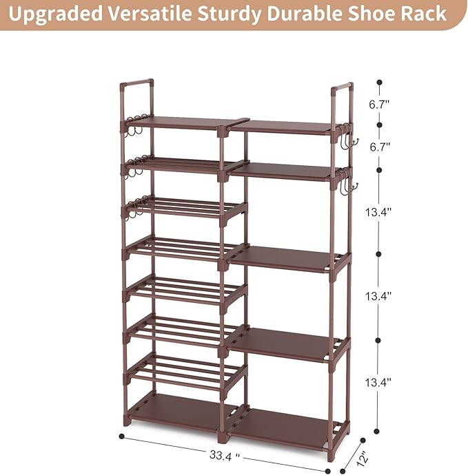 Shoe Rack Organizer, 8-Tier Metal Shoe Rack for Closet Entryway Garage, Brown