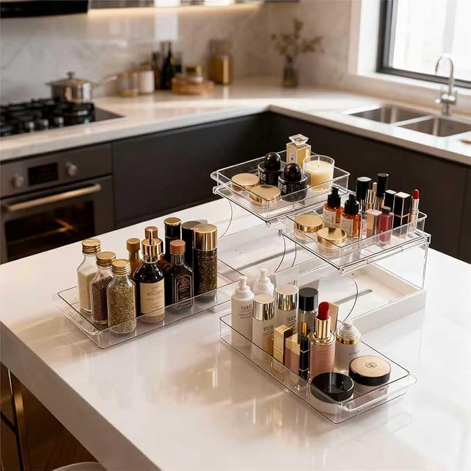 Jsyrjing Pull Out 2 Tier Under Sink Organizer Clear Cabinet Organizer for Kitchen Bathroom Storage Rotating Pantry Rack for Spice Organization and Makeup Organizer for Drawer Durable Design 2 Pack