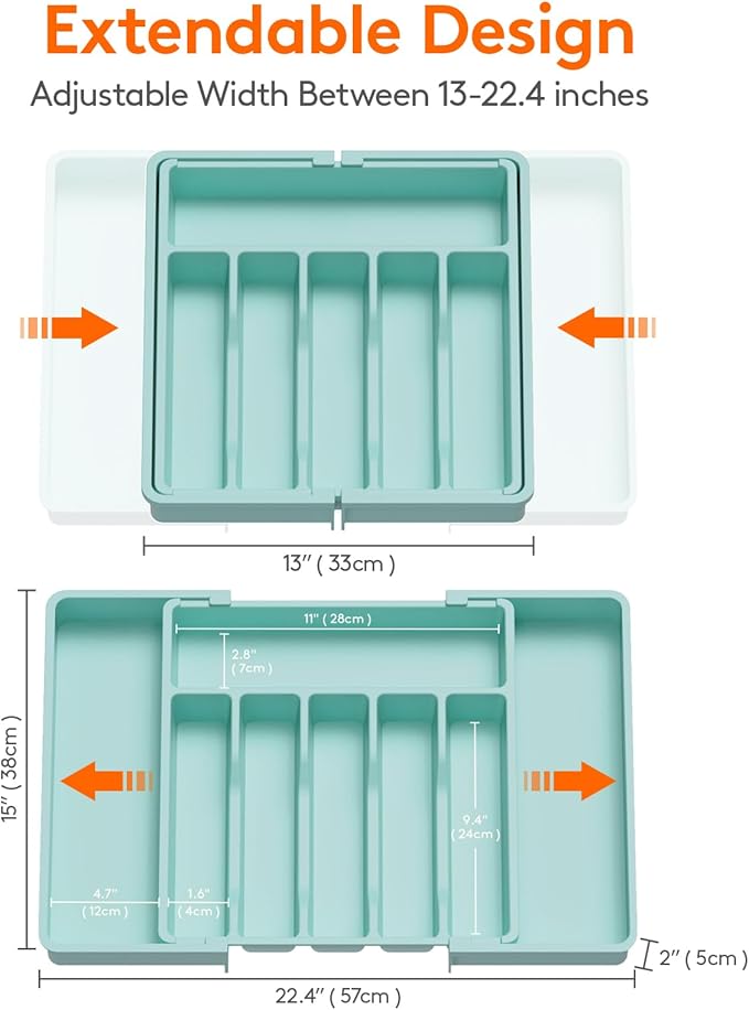 Silverware Drawer Organizer, Expandable Utensil Tray for Kitchen, Turquoise