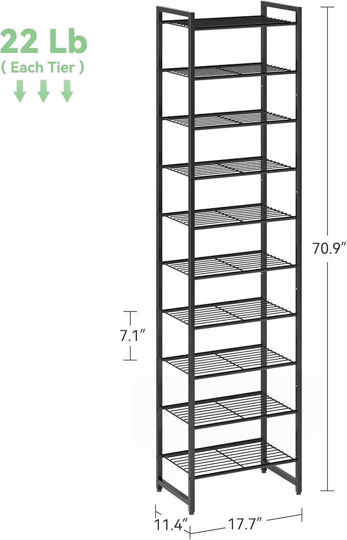 Nunsino Narrow Shoe Rack, 10-Tier Metal Shoe Organizer,Tall Shoe Shelf with Anti-Tip Strap, Max Holds 22 Pairs,Space Saving for Closet,Entryway,Black