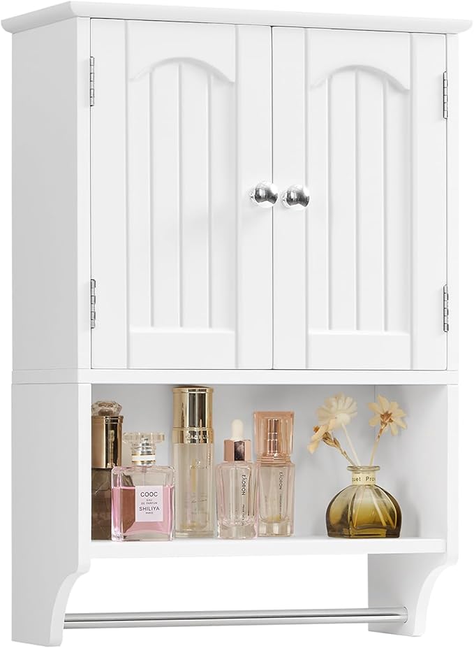TEENFON Medicine Cabinet with Adjustable Shelves and Towel Rack, Wall Mounted Bathroom Cabinet Over the Toilet Storage for Bathroom, Living Room, White