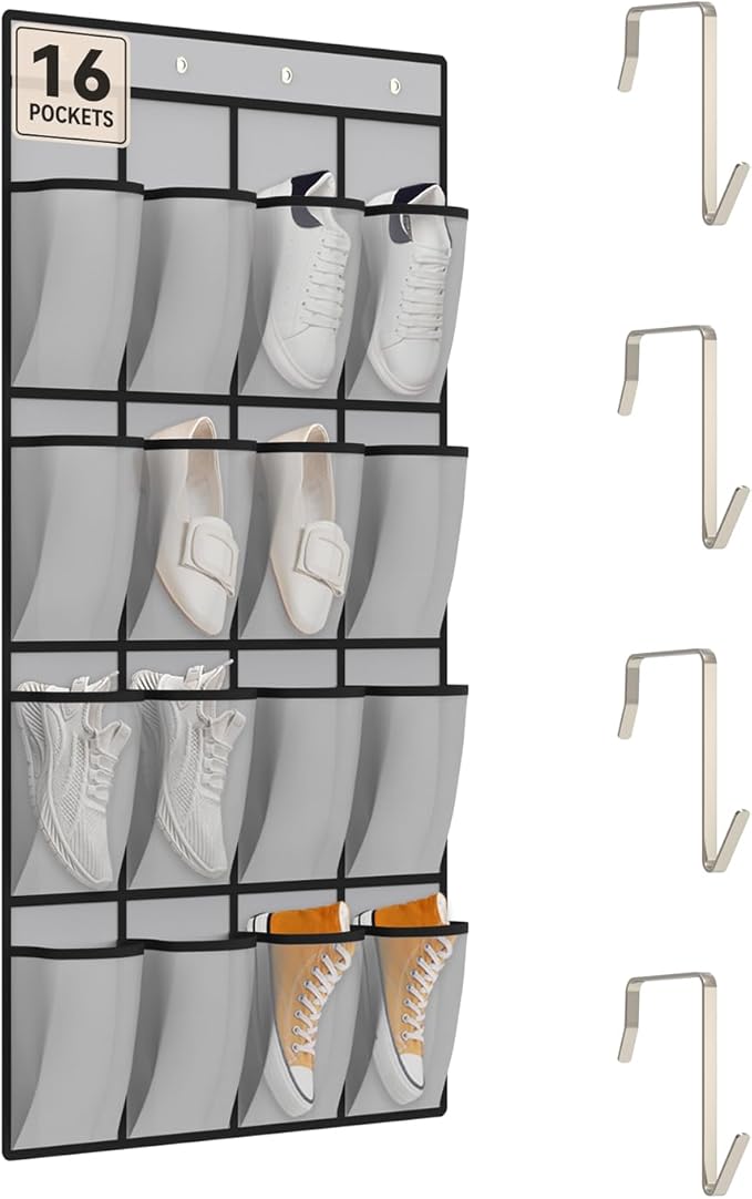 dodowin Over the Door Shoe Organizer Rack, 16 Large Breathable Mesh Pockets, Foldable Hanging Storage Holder for Closet Door, Space Saving Shoe & Accessory Organizer with 4 Metal Hooks, Gray