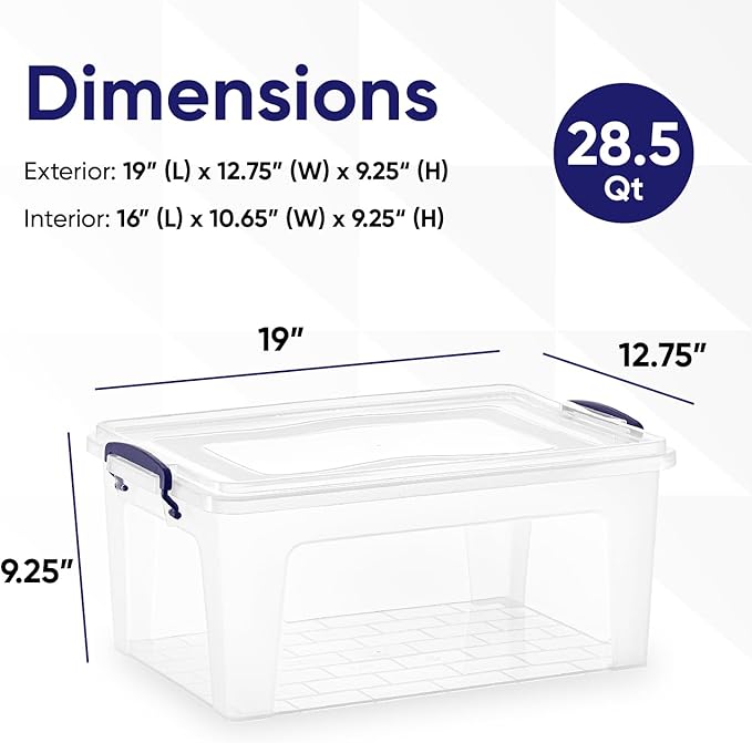 Clear Plastic Storage Bin with Lid, 28 Quart Organizing Container, Latch Box