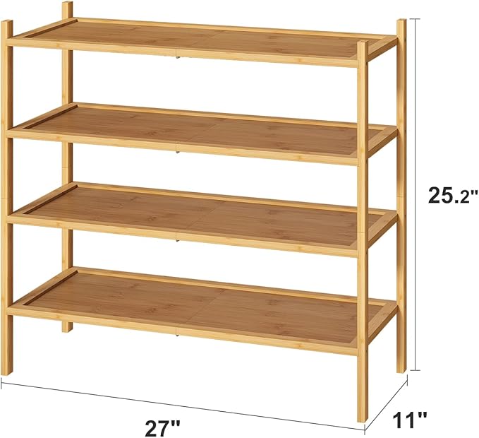 kiplant 4-Tier Shoe Rack for Entryway, Bamboo Wood Shoe Rack 4-Tier, Stackable Shoe Organizer for Closet, Free Standing Shoe Racks for Indoor & Outdoor