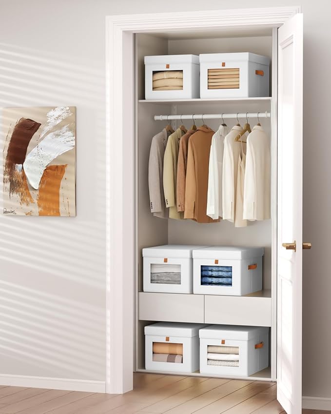 Homsorout Storage Bins with Lid – Closet Organizer with Side Opening and Clear Window, Foldable Stackable Fabric Basket for Clothes, Home, Office - 13.77" x 11.8" x 9.8", 3 Pack, White
