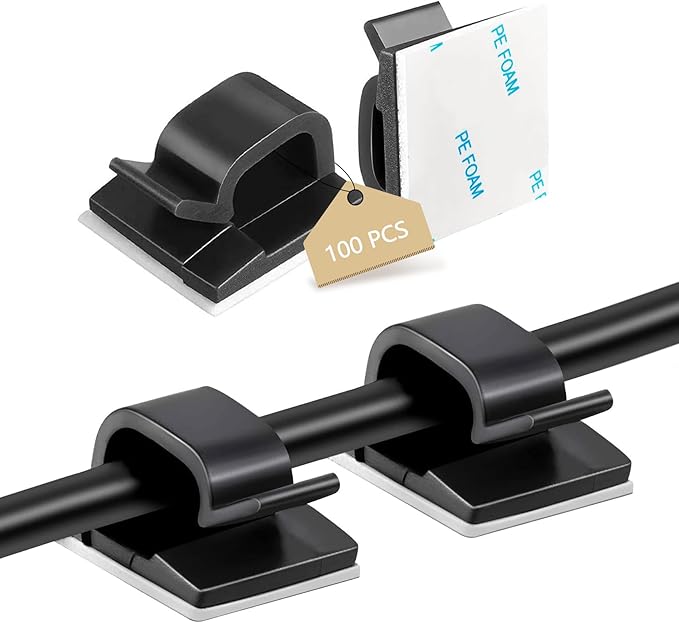 Abnii 100PCS Adhesive Cable Clips, Wire Holder Organizer Cord Management, Cable Staples Outdoor Strong Cord Clips for Wall, Desk, Christmas Lights, String Lights, TV PC Ethernet Cable, Black Small