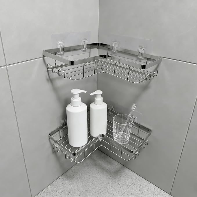 Shower Caddy 2 Pack, Stainless Steel No Drilling Adhesive Bathroom Organizer Shelf Rack, Corner Shower Shelf with Hooks for Home Decor & Storage