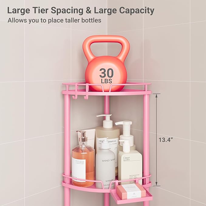 ELYKEN Corner Shower Caddy Standing, 3 Tier Rustproof Metal Shower Organizer with Soap Holder, Floor Shower Corner Shelf Rack Storage Stands with Adjustable Feet & 2 Hooks for Bathroom, Pink