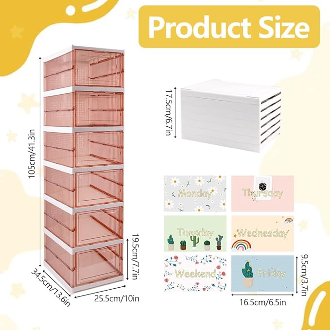 6 Shelf Weekly Clothes Organizer for Kids, Foldable Days of The Week Clothes Organizer with Door Hanging Closet Organizer Storage for Boys and Girls Monday Through Friday Essential Stuff (Brown)