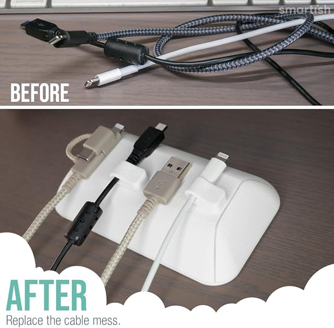 Smartish® Magnetic Cord Holder - Bigger Cable Wrangler Organizer with Magnet Clips for Charger Management on Desktop, Nightstand - Holds 6+ Cables - Snow Day White