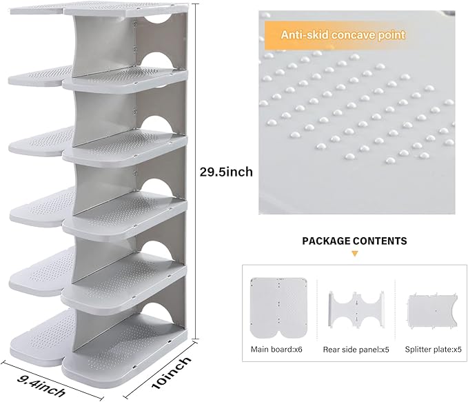 6-Tier Thickening Cubby Shoe Rack, Free Combination Shoe Organizer for Closet, Free Standing Shoe Tower, Stackable Space-Saving Adjustable Shoe Storage Shelf, Grey