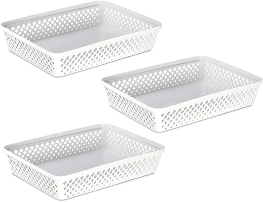 Glad Plastic Storage Basket Set - Multipurpose Drawer Trays, Kitchen Pantry Containers, and Bathroom Bins - 3 Pack Large Organizers, White