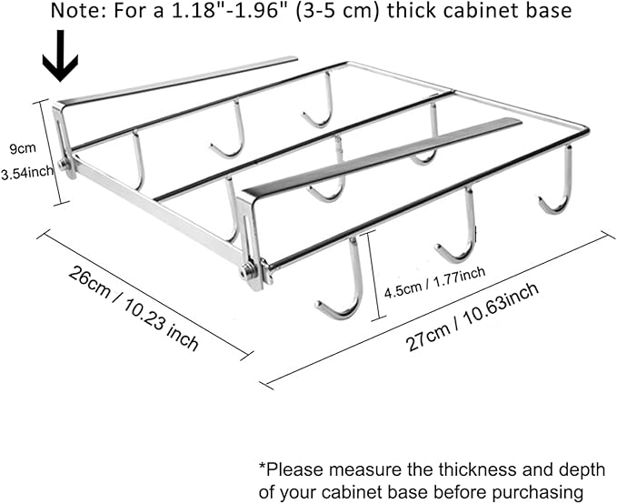 Mug Holder Under Cabinet for 1.18"- 1.96" Thickness Cabinet Base, 9 Hooks Cup Organizer Hanging Coffee Mug Rack Tea Cup and Utensil Hooks Drilling Free Mug Hanger Under Shelf