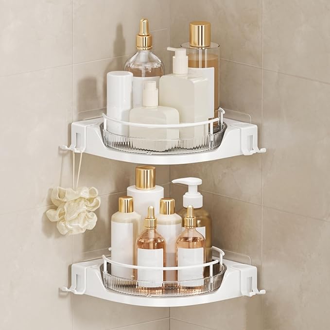 360°Rotating Corner Shower Caddy(2-Pack), No-Drill Adhesive Shower Shelf Organizer with Hooks, Lazy Susan Bathroom Storage for Bathtub, Shower Corner & Kitchen Sink, Space Saving Bathroom Organizer