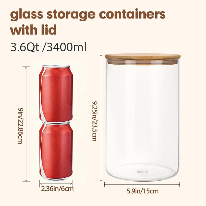 Moretoes 2 Pack 3.6qt Glass Storage Containers with Bamboo Press Lids, Extra Large Airtight Pantry Storage Jars for Flour, Sugar, Bulk Dry Goods