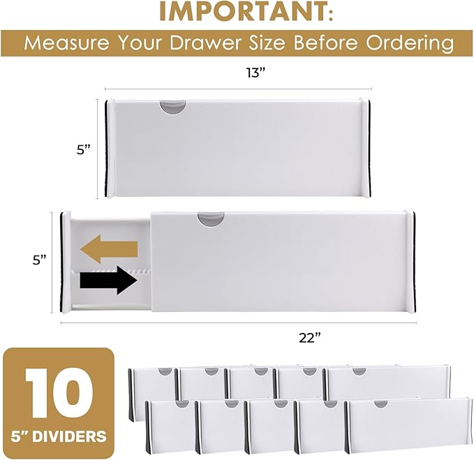 Adjustable Deep Drawer Divider, 5" Tall, Expandable 13-22", 10-Pack