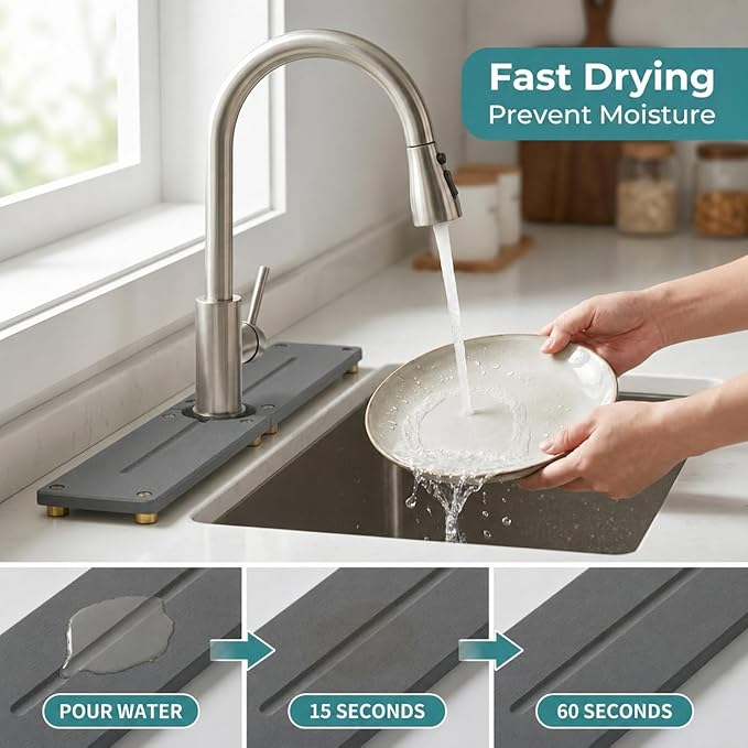 Stone Faucet Mat for Kitchen Sink, Water Absorbing Sink Tray Organizer for Bathroom Counter, Diatomite Soap Dish Coaster Caddy Riser, Sponge Holder Dispenser Mat, Gold Dark Gray, 23.6" x 4"