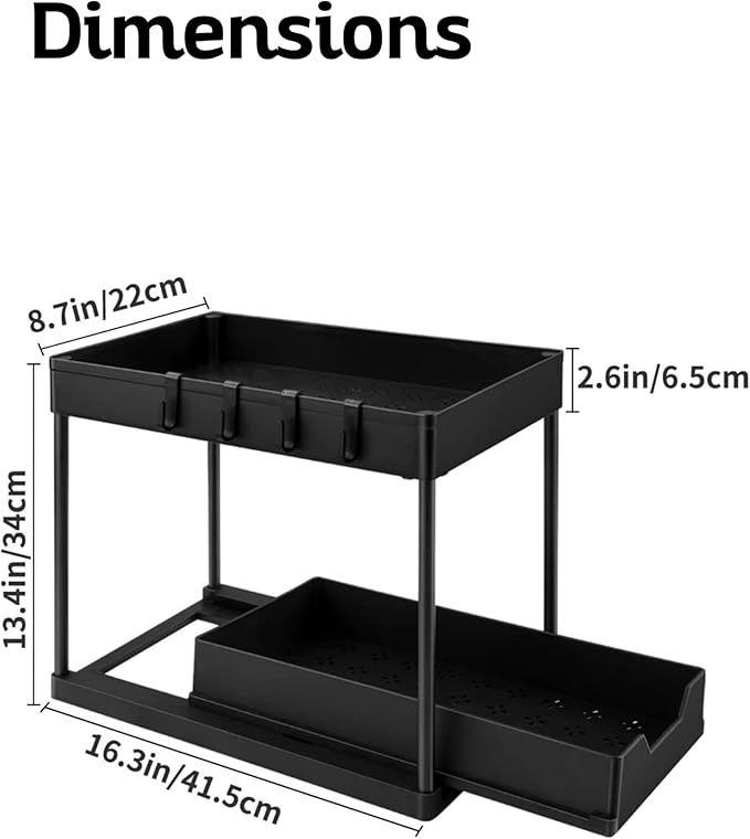 2 Tier Under Sink Organizer with Sliding Drawer, Pull Out Cabinet Storage Rack for Kitchen Bathroom Pantry, Multi Purpose Shelf with Removable Side Hooks and Hanging Cup, Tool Free Assembly