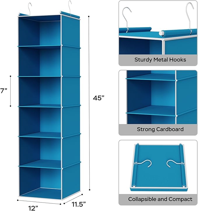 MAX Houser 6-Shelf Hanging Closet Organizer, Hanging Storage Shelves with 2 Sturdy Hooks Space-Saving for Bedroom, Foldable (Blue)