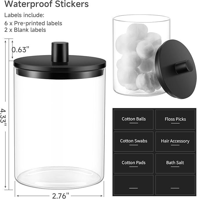 Glass Qtip Holder Dispenser, 10 oz Clear Canister Apothecary Jar, 2 Pack, Black