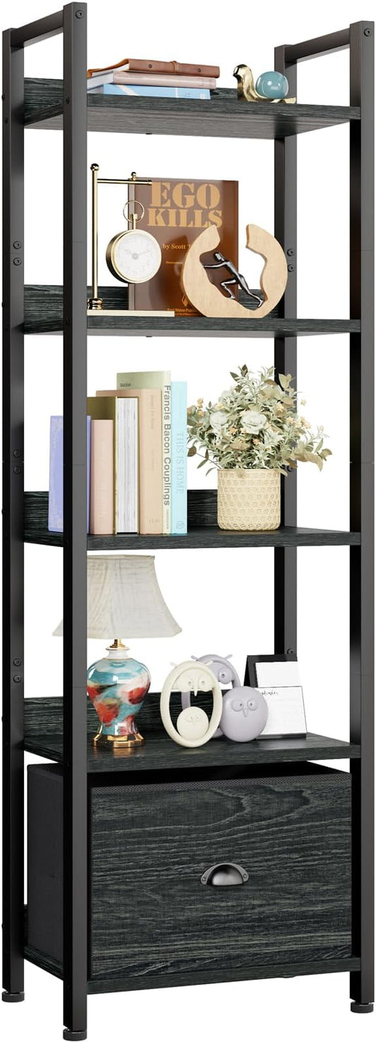 5 Tier Bookshelf with Drawer, Kitchen Bakers Rack with Storage