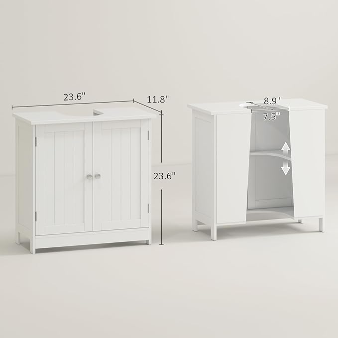 HOMCOM Under Sink Bathroom Cabinet, Pedestal Sink Storage Cabinet with 2 Doors, Shelf and U-Shape, White