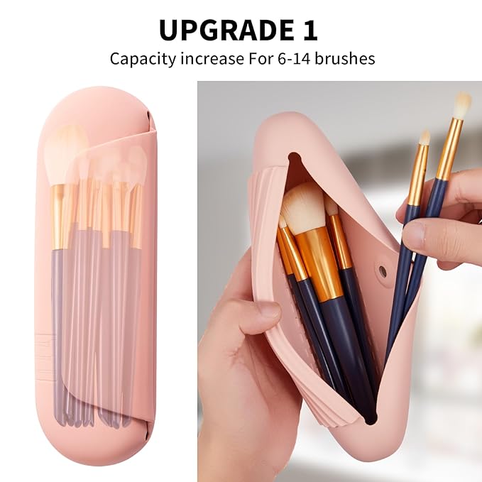AGIKET 2 IN 1 Silicone Makeup Brush Holder with Beauty Make Up Sponge Holder Case：Soft Portable Cosmetic Face Brushes Holder with Upgrade Anti-Fall Out Magnetic Closure - Pink Sand