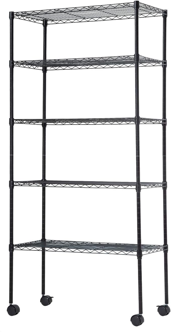5-Tier Wire Storage Shelves with Wheels, 14x30x60, Black, Adjustable Racks