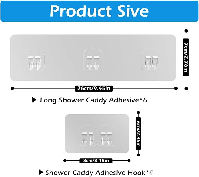 10 Pack Shower Caddy Adhesive Replacement, Shower Adhesive Strips, Strong Adhesive Hooks, Waterproof Sticker, No Drilling, for Bathroom Shelf and Kitchen Racks