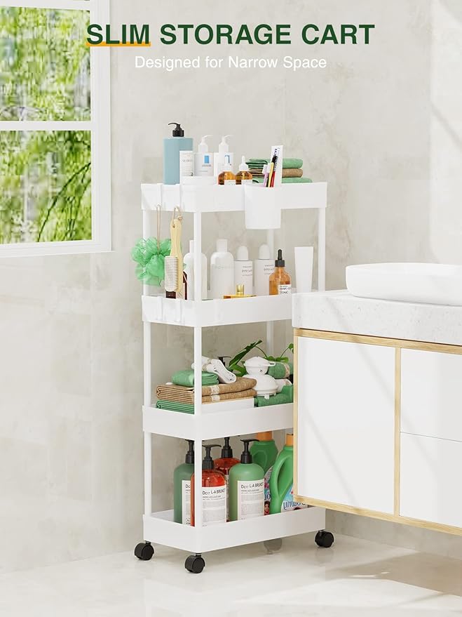 Slim Rolling Storage Cart, 7.1" W+White