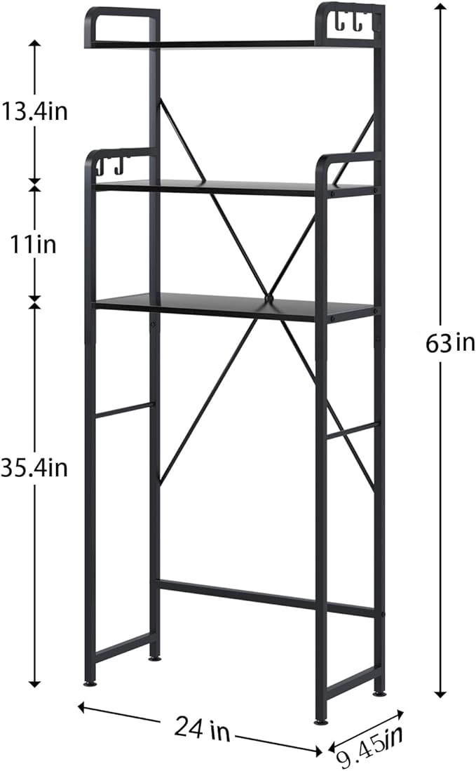 Huhote Over-The-Toilet Storage Rack with 3-Tier Shelves, Space Saver Toilet Shelf, Bathroom Storage Organizer with Hooks for Over-Toilet Storage (Black)