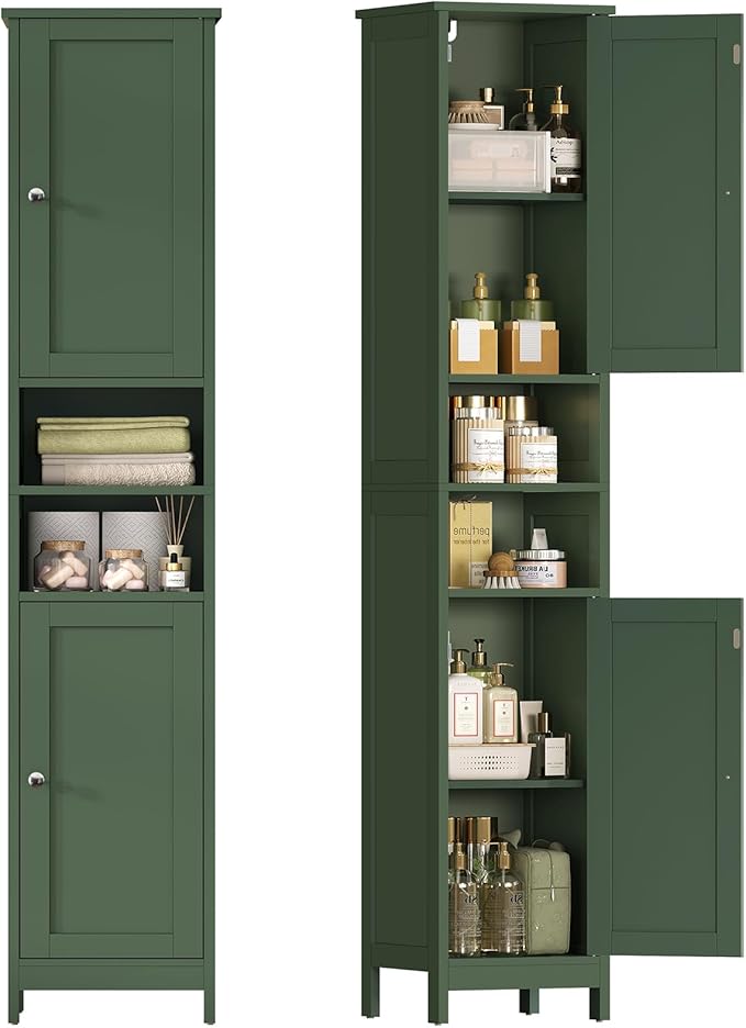 67" Tall Bathroom Cabinet with Adjustable Shelves and Doors, Green
