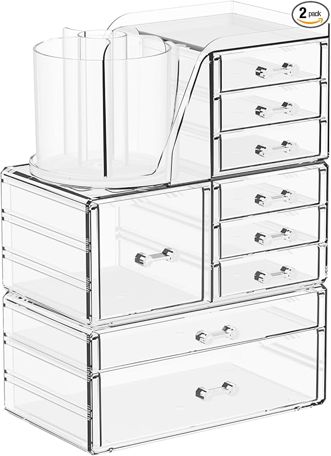 3 Pack Clear Acrylic Makeup Organizer for Vanity With 9 Drawer