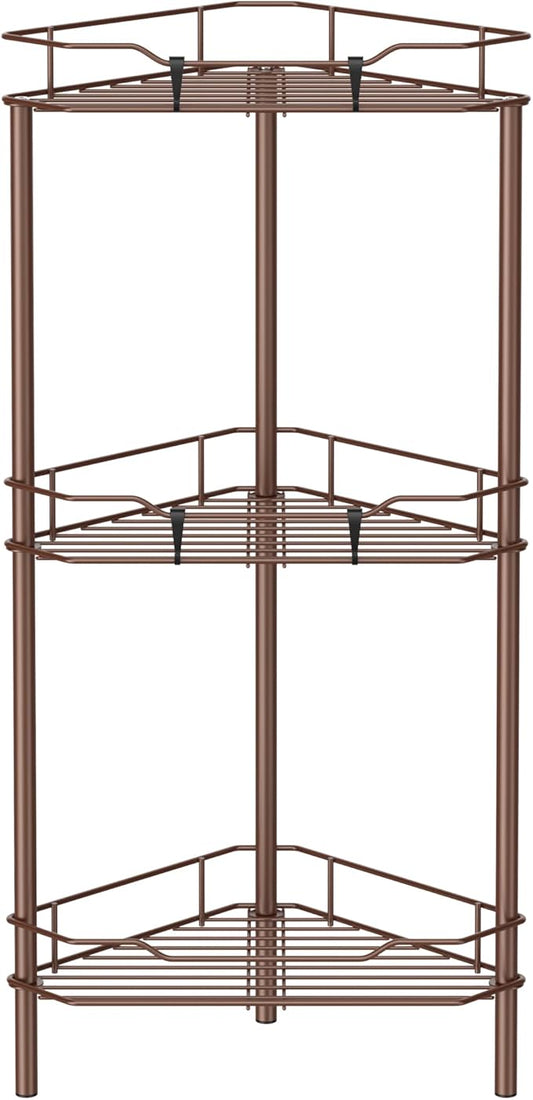 3 Tier Floor Standing Corner Shower Caddy Organizer Shelf with Hooks, Coffee