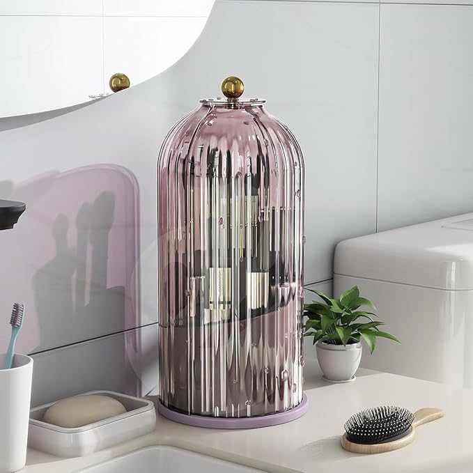 Dustproof Toothbrush Holders with Cover, Rotating Electric Toothbrush and Toothpaste Holder for Bathroom Countertop, 3 Slots Makeup Brushes Organizer, All Pink