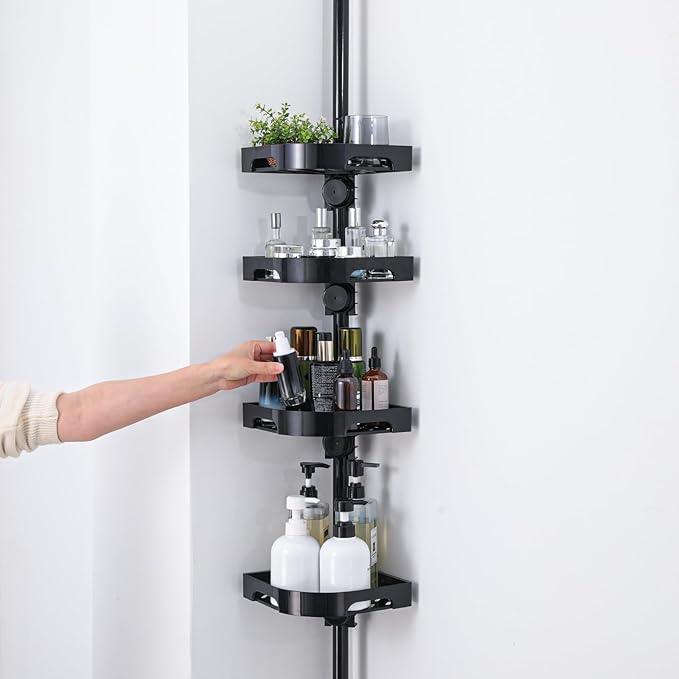 akinbas Tension Pole Shower Caddy Organizer with 4 Tier L-Shaped Rust Resistant Bathroom Corner Shelves with 34-124 Inch Adjustable No Drilling Quick Install Shower Rack for Bath Essentials (Black)