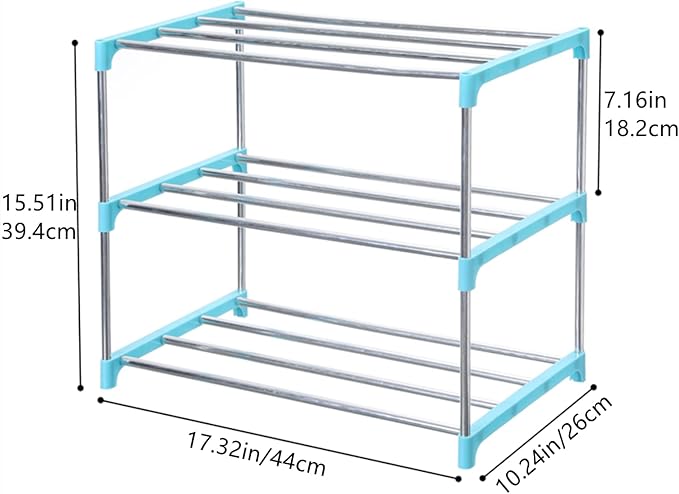 Jucaifu Stackable Small Shoe Rack, Entryway, Hallway and Closet Space Saving Storage and Organization (3-Tier, Blue)