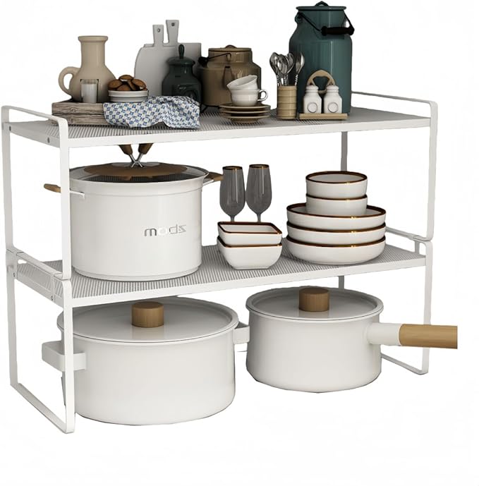 2 Pack Stackable Cabinet Shelf Organizer - Heavy-Duty Coated Metal Storage Rack, Non-Slip Space-Saving for Kitchen Pantry, Under Sink, Cupboard, Countertop (Mesh White)