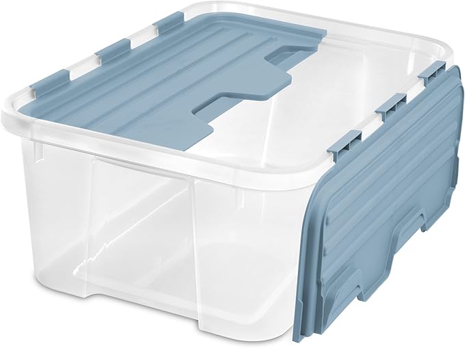Sterilite 18 Pack Hinged Lid Storage Box, 40 Qt Plastic Container, Washed Blue - Home Organizer Tote for Storing Shoes, Crafts, Clothing, or Decor