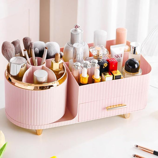 Rotating Makeup Organizer for Vanity with Brush Holder and Drawer, Pink
