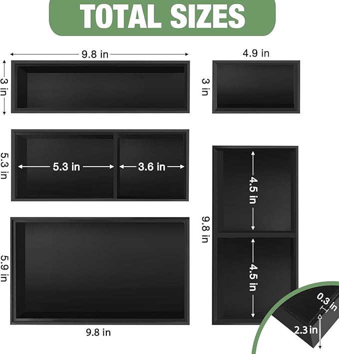 Bamboo Drawer Organizer, 5 PCS Black Silverware Tray&Desk Organizers and Storage