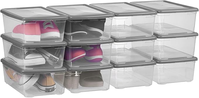 Clear Shoe Boxes Plastic Storage Bins with Latching Lid Rectangular Storage Boxes Durable See-Through Lidded Shoe Boxes for Art Supplies and Home (Grey)