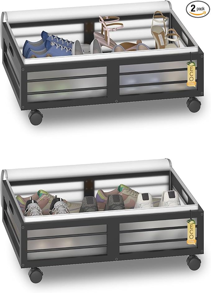Bamboo Underbed Storage Containers with Wheels & Bag 2 Pack, Under Bed Rolling Storage Bins, Wood Underbed Shoe Clothes Storage Stackable Drawers for Bedroom Closet Under Crib Toy (Black)